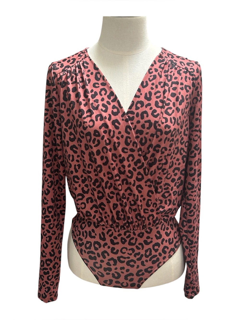 Peach Love California Wrap Long Sleeve Leopard Bodysuit Womens Medium NEW
